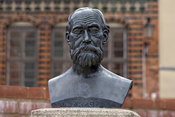 Bust of Friedrich Ludwig Gottlob Frege, 1848 -1925, was a German logician, mathematician and philosopher. Wismar, Mecklenburg-Western Pomerania, Germany, Europe