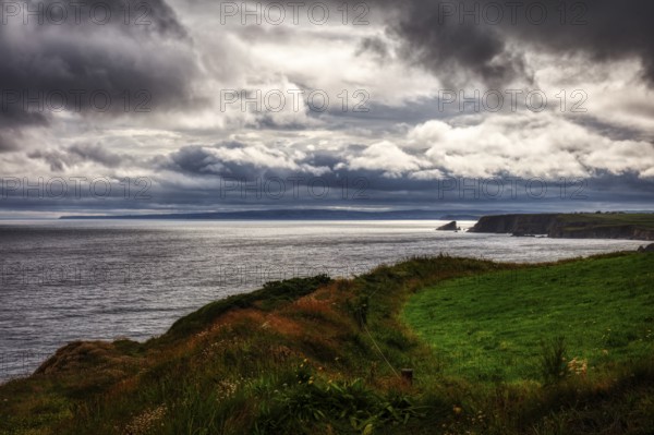 Atmospheric landscape with dark clouds over the sea and lush coastal meadows, Waterford Coast