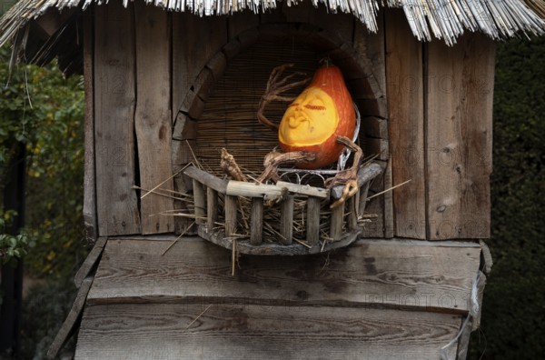 Carved pumpkin, figure, relaxing on balcony, pumpkin exhibition, pumpkins, Blühendes Barock, Ludwigsburg, Baden-Württemberg, Germany, Europe