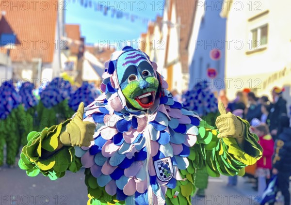 Portrait of Hofener Scillamännle at the big carnival parade, Hofen, Stuttgart, Baden-Württemberg, Germany, Europe