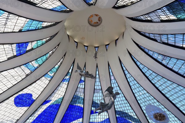 Angels hanging from the stained-glass ceiling, Roman Cathedral of Brasilia or Metropolitan Cathedral of Our Lady of Aparecida, designed by Oscar Niemeyer, World Heritage Site, Brasilia, Federal district, Brazil, South America