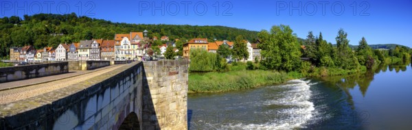Old Werra Bridge, half-timbered houses on the Werra, Hannoversch Münden, Hann. Münden, Lower Saxony, Germany, Europe
