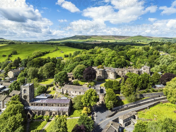 Skipton Castle from a drone, North Yorkshire, England, United Kingdom, Europe
