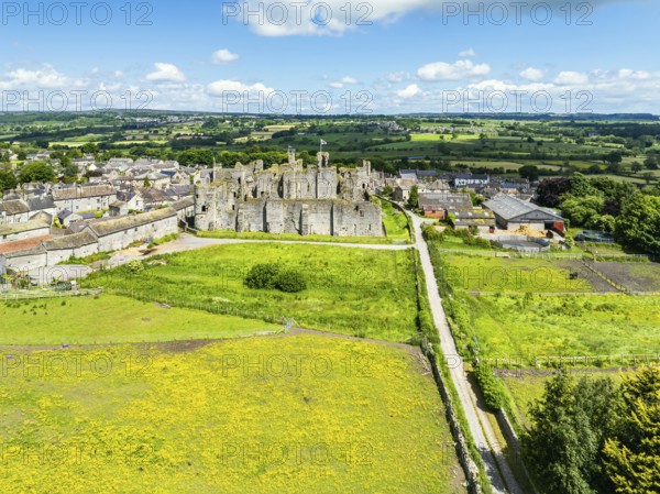 Middleham Castle from a drone, Middleham, Wensleydale, North Yorkshire, England, United Kingdom, Europe