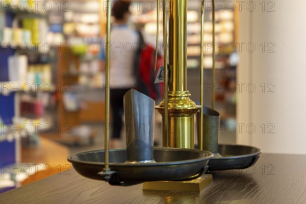 Close-up of an old pharmacist's scales in a pharmacy