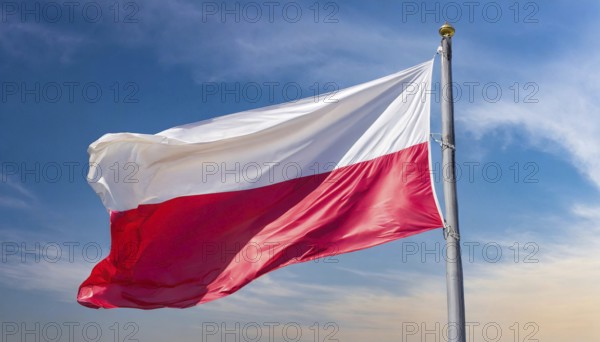 Flags, the national flag of Poland flutters in the wind