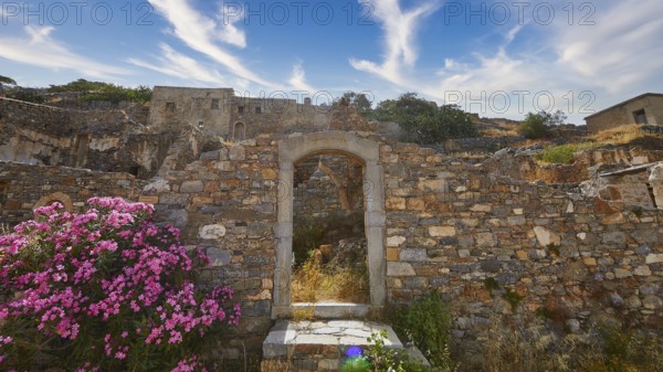 Pink flowers blooming at a stone archway amidst ancient ruins under a blue sky, Venetian Sea Fortress, Leper Island, Spinalonga, Elounda Bay, Mirabello Bay, East Crete, Crete, Greek Islands, Greece, Europe