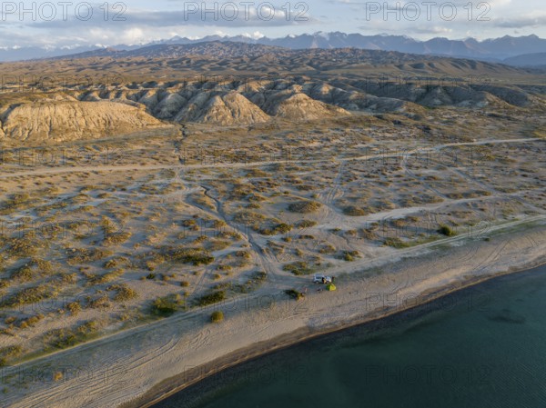 Aerial view, landscape at Lake Issyk Kul, Kyrgyzstan, Asia