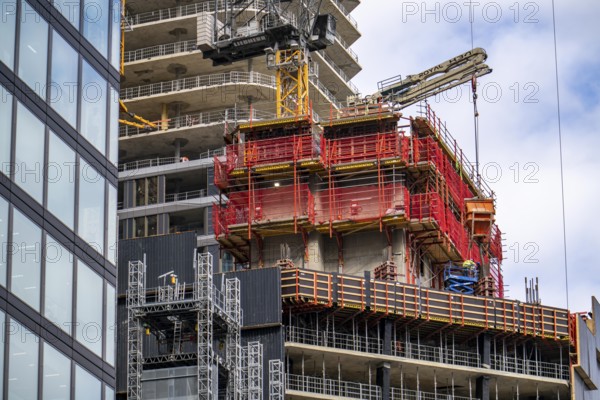 Construction site of the FOUR construction project, 4 high-rise towers at Roßmarkt in Frankfurt am Main, will be up to 228 metres high, with 59 storeys, for use as office buildings, flats, hotels and restaurants, Hesse, Germany, Europe