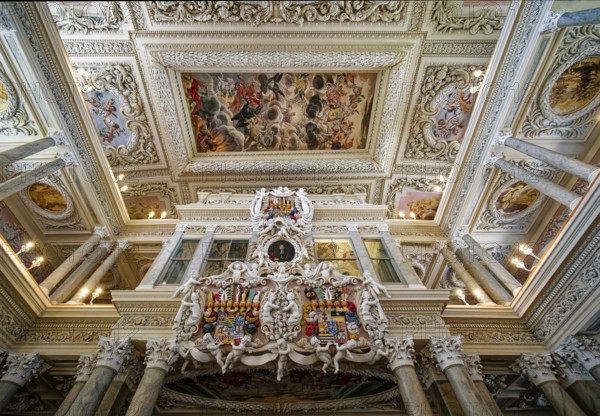 Coat of arms and portrait on the princely gallery, ceiling design, baroque church, baroque castle church St. Trinitatis at Christiansburg Castle, interior view, Eisenberg, Saale-Holzland district, Thuringia, Germany, Europe