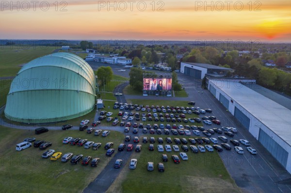 Drive-in cinema at Essen/Mülheim Airport Motor Movies, temporary film screening, at the WDL airship hangar, event in compliance with contact restrictions, effects of the corona crisis in Essen, Mülheim Germany