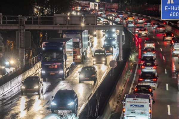 Evening traffic jam on the A40 motorway, Essen-Huttrop junction, traffic jam in both directions, North Rhine-Westphalia, Germany, Europe