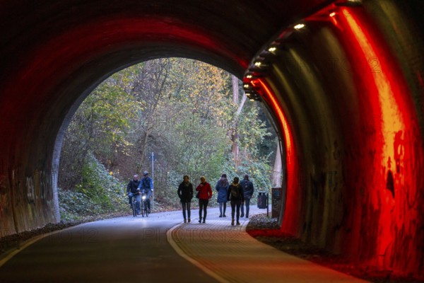 The Nordbahntrasse, a cycle path, footpath, on a former 22 KM long railway line, along the west-east axis of Wuppertal, on the northern slope, with many tunnels, viaducts and views of the city, tunnel passage, Wuppertal, North Rhine-Westphalia, Germany, Europe