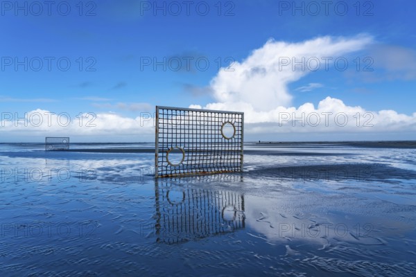 Football pitch, football field, Tor tor, on the beach, tidal creek, in the west of Borkum, island, East Frisia, winter, season, autumn, Lower Saxony, Germany, Europe