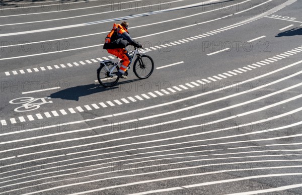 The Nørrebro district in Copenhagen, lively, multicultural and student neighbourhood, Superkilen Park, Den Sorte Plads, square designed with white lines, playgrounds, cultural facilities, sports equipment, cycle path, Denmark, Europe