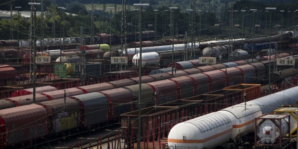 Train formation yard in the Vorhalle district, marshalling yard, goods trains, Hagen, Ruhr area, North Rhine-Westphalia, Germany, Europe