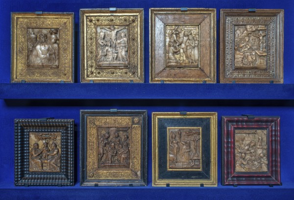 Flemish high relief artworks in the alabaster cabinet at Kasteel van Gaasbeek, renovated medieval castle at Lennik, Flemish Brabant, Belgium, Europe