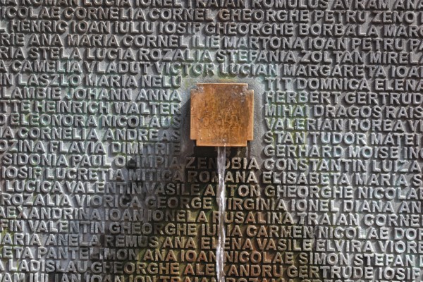 Banat, Timisoara, Timisoara, old town centre, names on a fountain, metal plate with names, Romania, Europe