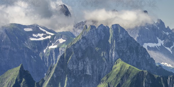 Mountain panorama from the Nebelhorn, 2224m, to the Höfats 2259m, behind it the Großer Krottenkopf, 2656m Allgäu Alps, Allgäu, Bavaria, Germany, Europe