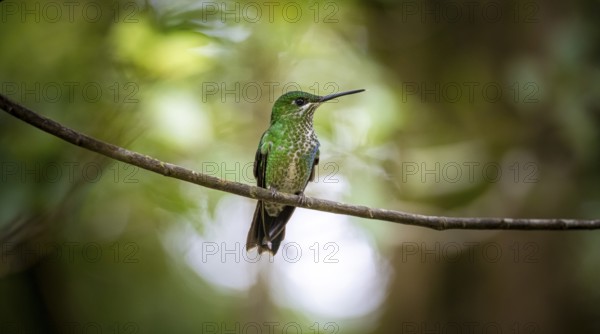 Green-fronted Brilliant Hummingbird (Heliodoxa jacula) sitting on a branch, Monteverde Cloud Forest, Monte Verde, Costa Rica, Central America