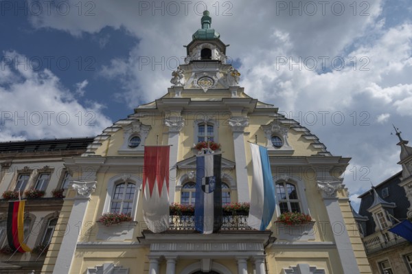 Flags in front of the town hall during the Kulmbach Beer Week, Kulmbach, Upper Franconia, Bavaria, Germany, Europe