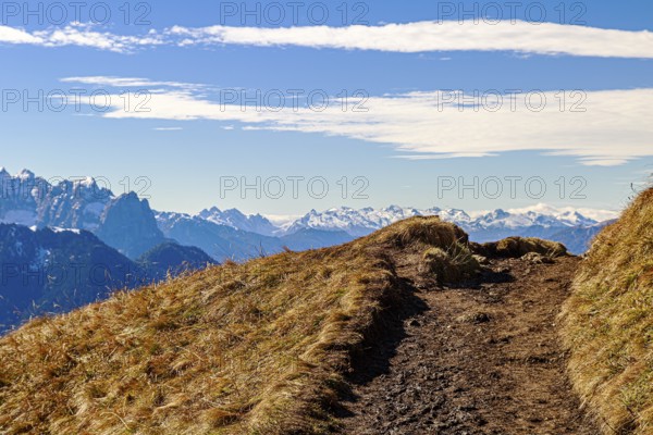 A grassy hiking trail in the Alps with a sunny sky and clouds with a view of a mountain range in South Tyrol on the horizon