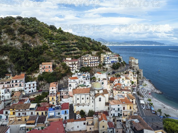 Cetara from a drone, Amalfi Coast, Salerno, Campania, Italy, Europe