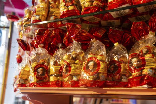 Close-up of Mozartkugeln in a shop in the famous Getreidegasse in Salzburg