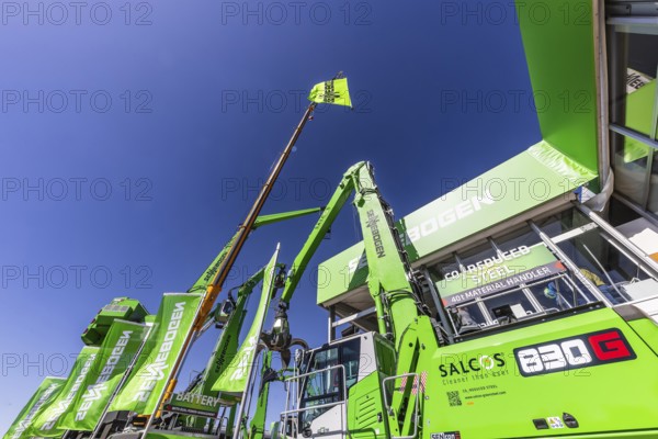 BAUMA Munich, 34th World's Leading Trade Fair for Construction Machinery, Building Material Machines, Mining Machines, Construction Vehicles and Construction Equipment. Crane from the German manufacturer Sennebogen. BAUMA is the world's largest trade fair in terms of exhibition space. Munich, Bavaria, Germany, Europe