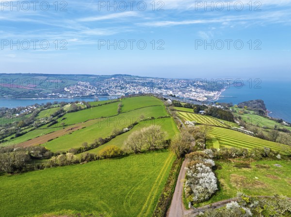 Farms and Fields over River Teign from a drone, Teignmouth, Shaldon, Devon, England, United Kingdom, Europe