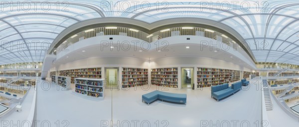 Modern library with glass roof and white stairs, surrounded by bookshelves in a bright open space, public library at Mailänder Platz, empty, panoramic view, Stuttgart, Germany, Europe