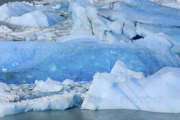 El Calafate, Patagonia, Argentina, Perito Moreno Glacier in Los Glaciares National Park. The Perito Moreno Glacier is part of the Patagonian ice field, the Campo Hielo Sur, the third largest freshwater reserve in the world. It is located in the province of Santa Cruz on Lago Argentino, the country's largest lake. The Perito Moreno Glacier is up to 30 kilometres long and 5 kilometres wide. Its edge is 70 metres high at its highest point. Small icebergs that have broken off from the glacier float in Lago Argentino. The glacier is one of the most beautiful sights in South America and is one of the most visited attractions in Argentina, South America