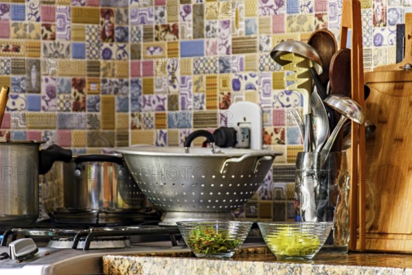 Real domestic scene of a kitchen and its utensils, Belo Horizonte, Minas Gerais, Brazil, South America