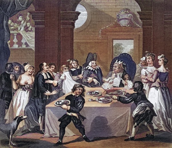 Sancho at the Feast Starved by his Physician From The Works of Hogarth published London 1833, Historic, digitally restored reproduction from a 19th century original, Record date not stated