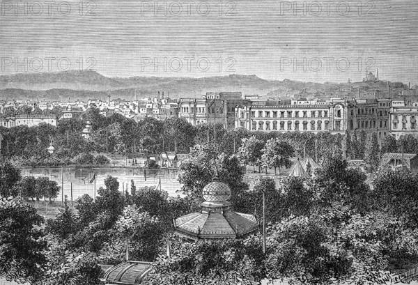 The Esbekiye Garden, Asbakiya Garden, in Cairo, Egypt, in 1880, Historical, digital reproduction of an original 19th century artwork, Africa
