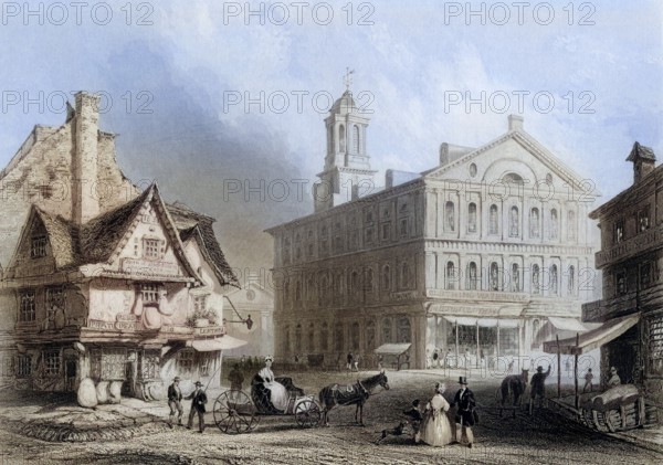 Faneuil Hall Boston Massachusetts USA, After a nineteenth century engraving by H. Griffiths after W. H. Bartlett, Historic, digitally restored reproduction from a nineteenth century original, Record date not stated