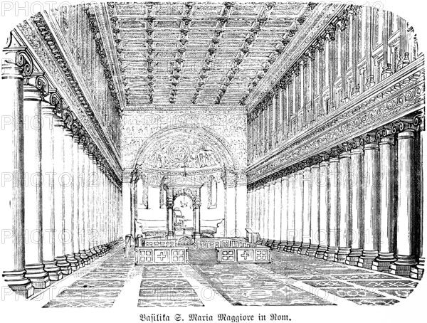 Basilica of Santa Maria Maggiore in Rome, interior, choir, columns, altar, apse, Italy, historical illustration 1880, Europe