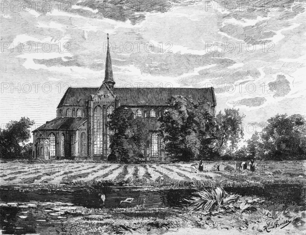 Gothic Doberan Minster, Bad Doberan, Mecklenburg-Western Pomerania, Germany, monastery church, ridge turret, fields, hay, historical illustration 1880, Europe