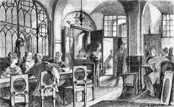 In the Ratskeller in Bremen, restaurant, town hall, vault, many people, guests, food, drinks, accommodation, furniture, tables, chairs, Germany, historical illustration 1880, Europe