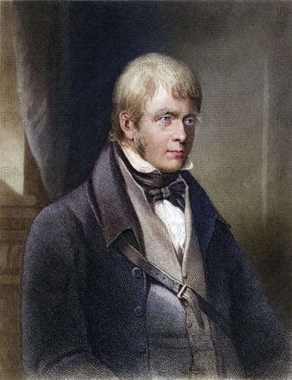 Walter Scott (1771-1832), Scottish author and poet. Known for his historical Waverley novels. Copper engraving after the portrait of Gilbert Stuart Newton (1795-1835), Historical, digitally restored reproduction from a 19th century original, Record date not stated