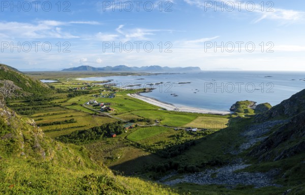View of the coast with the village of Stave, beach and sea, hike to the summit of Måtind, Andøya Island, Vesterålen, Nordland Norway