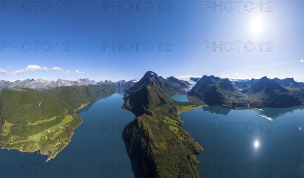 Glacier tongue of the Svartisen glacier with glacial lake and fjord, Helgeland coast, Nordland, Norway, Europe