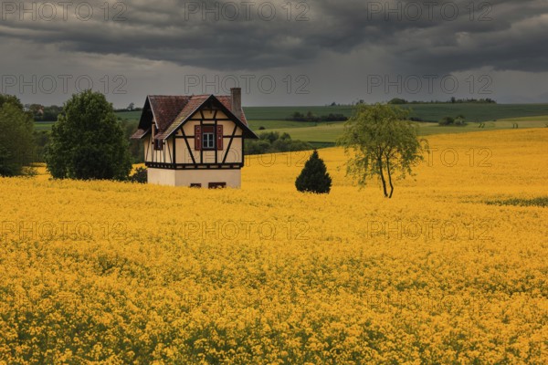 Small half-timbered house surrounded by flowering rape fields, Bamberg, Upper Franconia, Germany, Europe