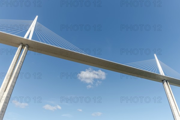 Millau viaduct, cable-stayed bridge over Tarn valley. The highest road bridge in the world. A75 motorway. Aveyron, France, Europe
