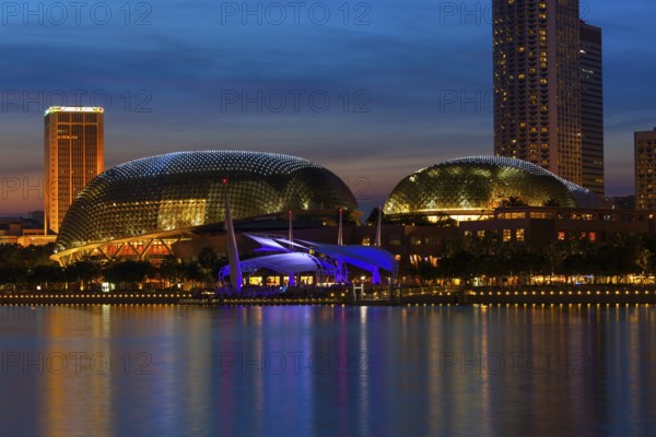 SINGAPORE, MAY 8: Esplanade â?? Theatres on the Bay concert hall (also nicknamed Durian) at Waterfront, Marina Bay on May 8, 2011 in Singapore in the evening. The Esplanade is one the worldâ??s busiest arts centres, Marina, Singapore, Singapore, Asia