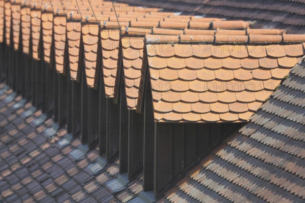 Roof with a row of dormers from the building of historical fortress, roof ridge, Rüsselsheim, Hesse, Germany, Europe