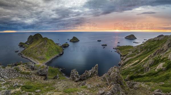 Rugged coastline with islands at sunset, Bufjellet, Nykvåg, Langøya Island, Vesterålen, Northern Norway, Norway, Europe