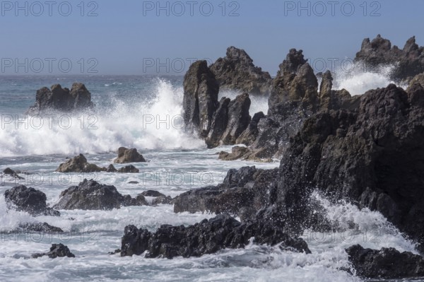 Lava rocks in the sea, surf, near Los Hervideros, Lanzarote, Canary Islands, Spain, Europe