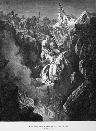 Bible, Punishment of Korah or Cyrus and his mob, Genesis 16, 33, Moses, Old Testament, punishment, earth, tear, devour, crowd, fall, fire, death, camp, people, historical illustration 1885