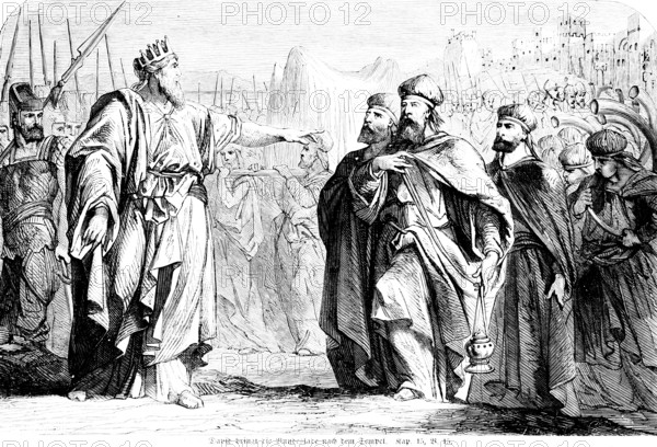 David brings the Ark of the Covenant to the Temple, Crowd, King, Levites, Trumpets, Incense, Priests, Bible, Old Testament, First Book of Chronicles, Chapter 15, Verse 15, historical illustration c. 1850